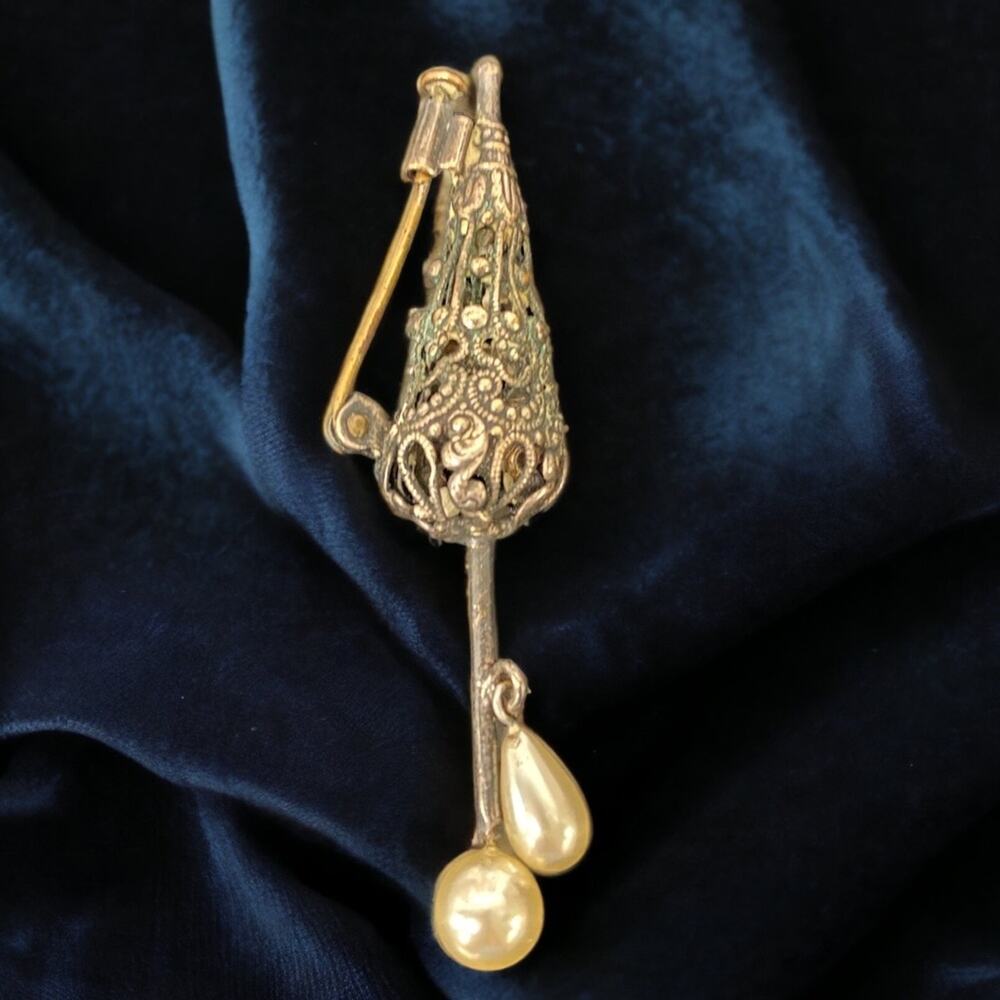 Antique Sterling Filigree Umbrella Brooch Pin Trombone Clasp & Faux Pearls